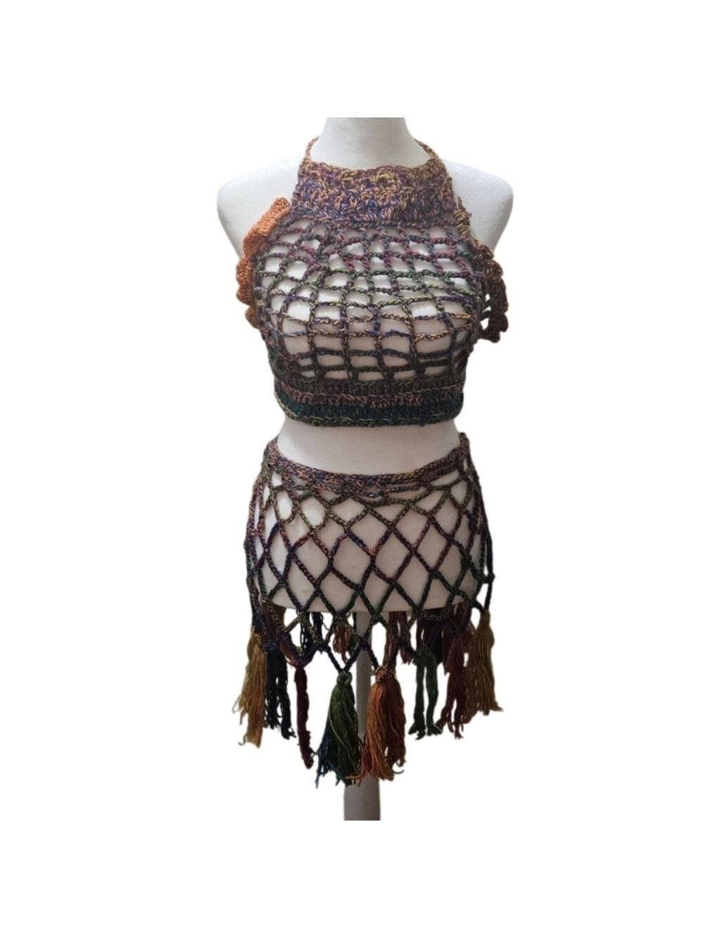 Handmade Crochet Swim Cover-up Fishnet Design Multicolor Rainbow Halter Crop-Top - Picture 14 of 17